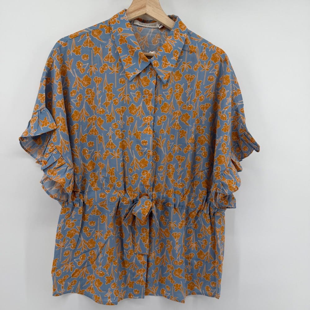 Bishop + Young Top Womens Small Blue‎ Orange Floral Peplum Ruffle Sleeve